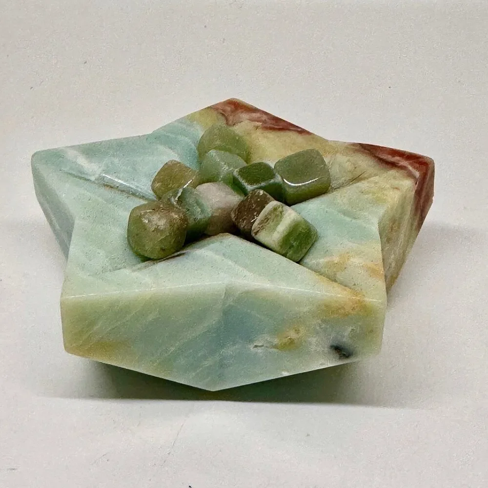 Caribbean Calcite Star Bowl‎ w Green Aventurine Cubes Crystal Decor